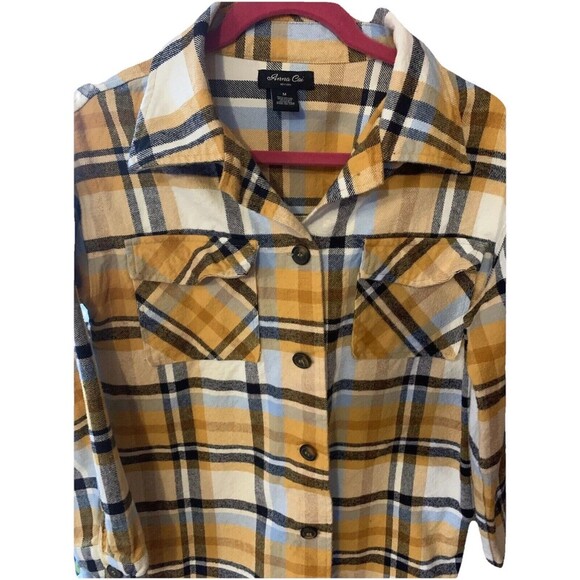 Women’s Boutique Flannel Shacket Yellow Blue Thick Pockets Button Up Jacket - Picture 2 of 5
